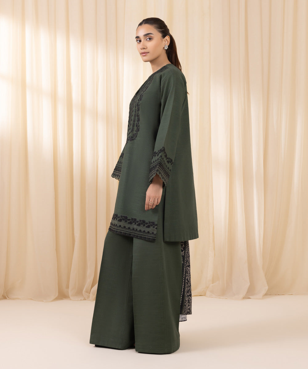 Women's Unstitched Embroidered Dark Green Khaddar Three Piece Suit