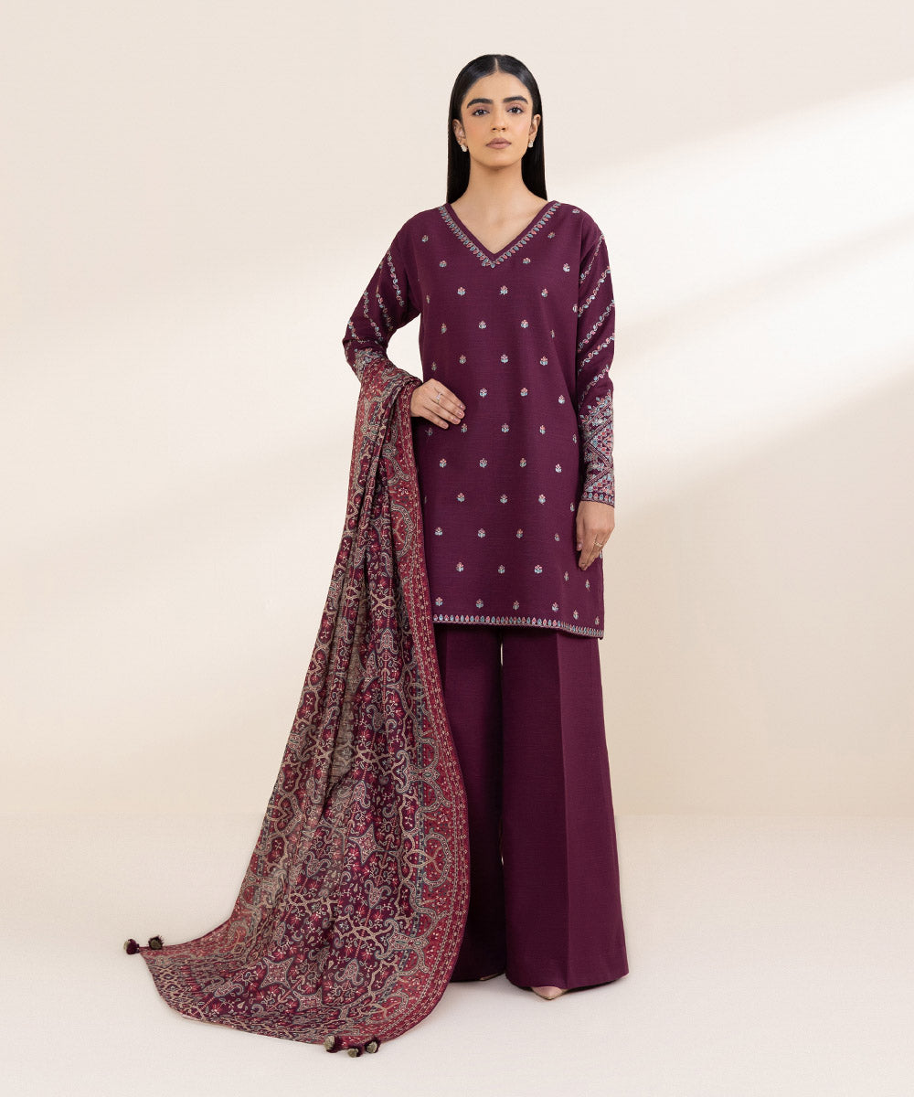 Women's Unstitched Embroidered Plum Khaddar Three Piece Suit