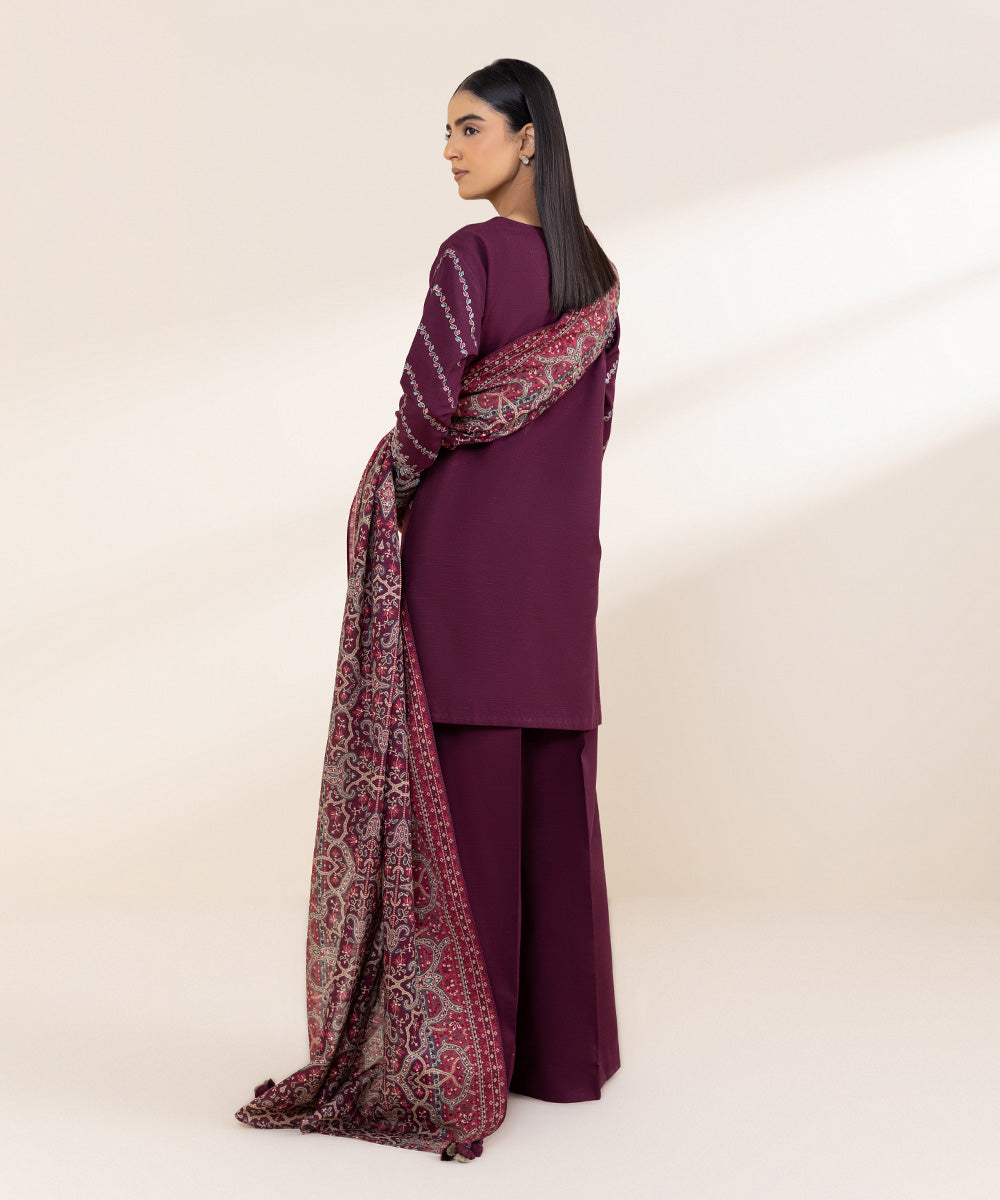 Women's Unstitched Embroidered Plum Khaddar Three Piece Suit