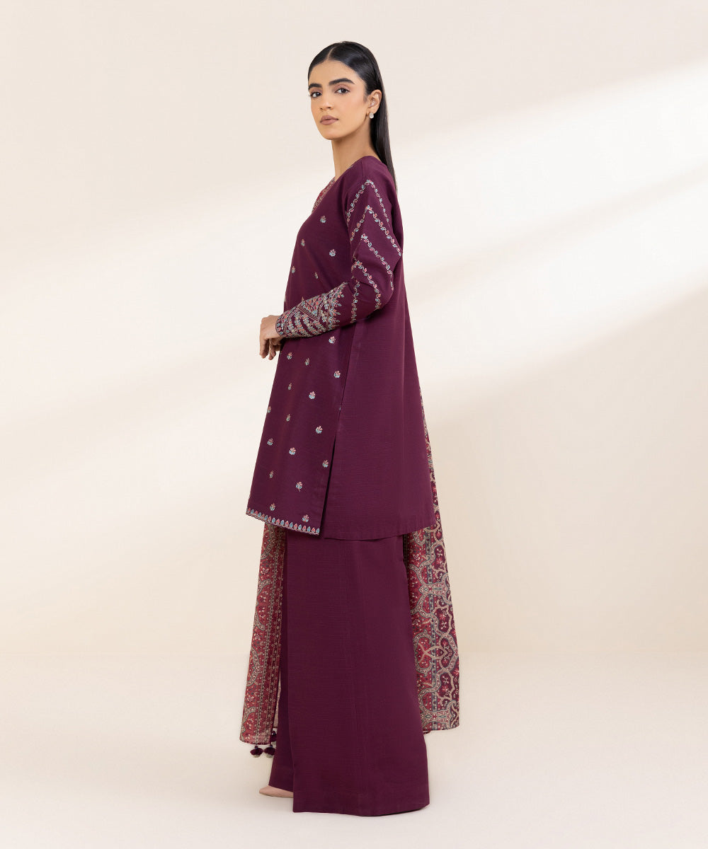 Women's Unstitched Embroidered Plum Khaddar Three Piece Suit