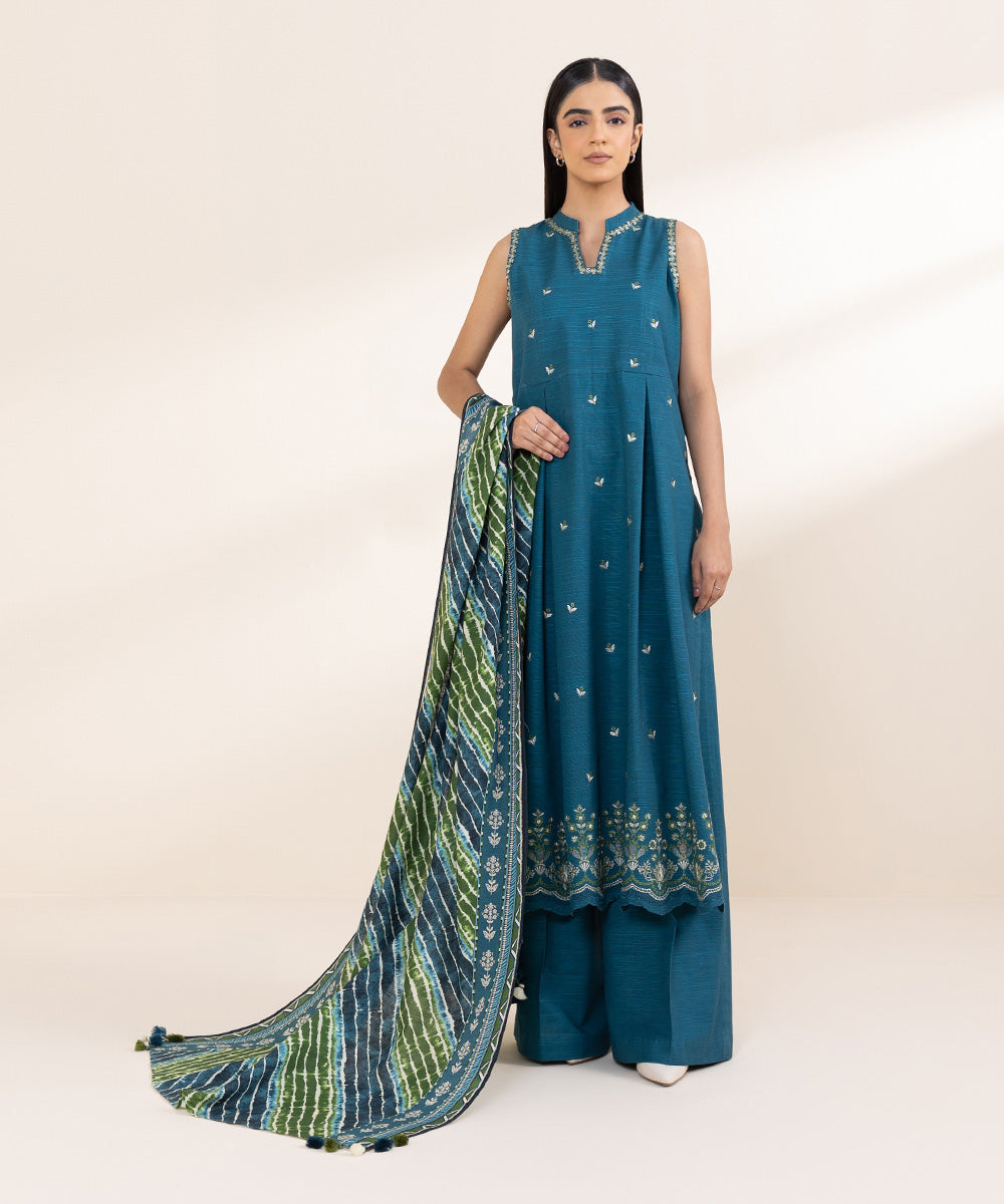 Women's Unstitched Embroidered Prussian Blue Khaddar Three Piece Suit