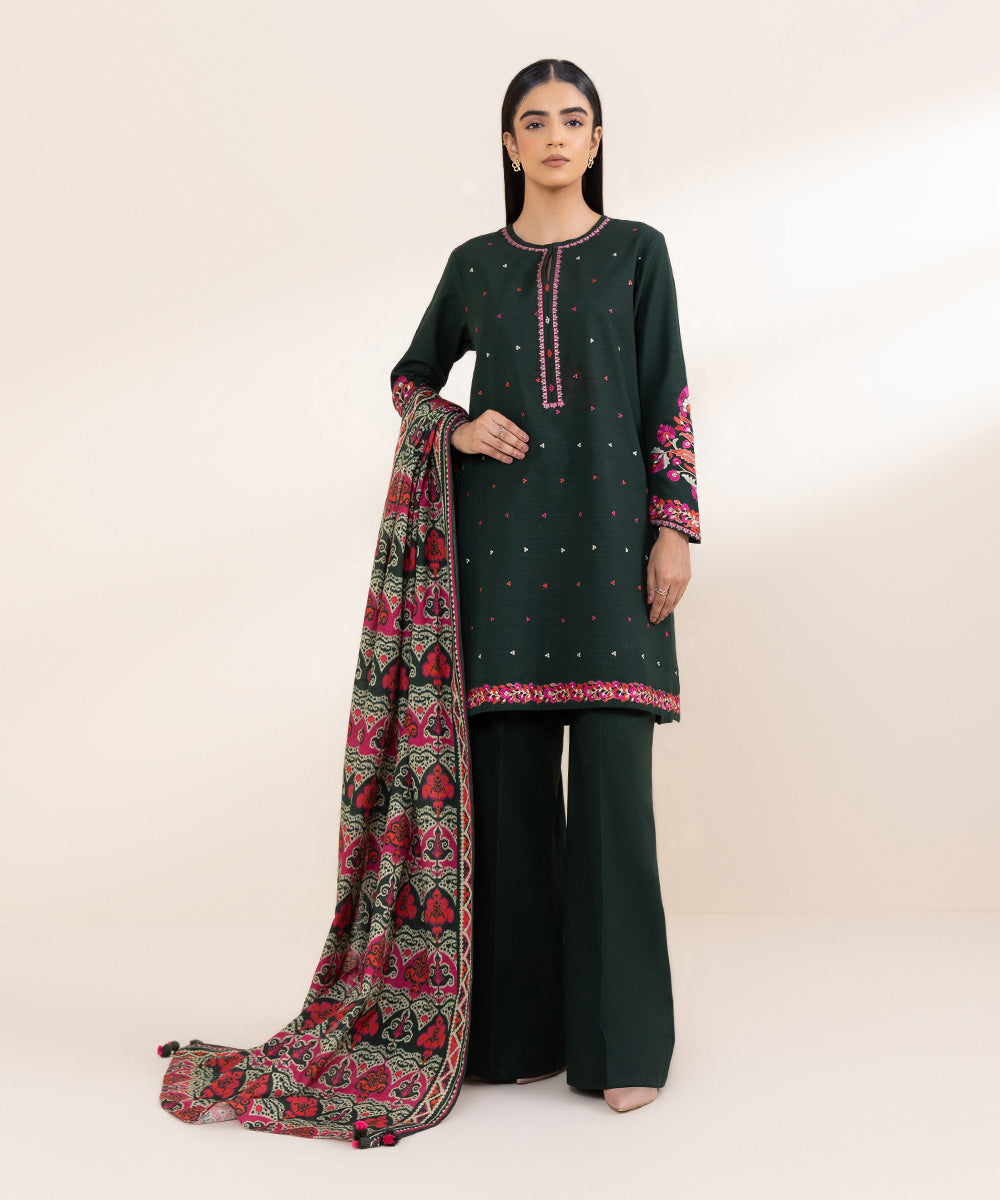 Women's Unstitched Embroidered Emerald Green Khaddar Three Piece Suit