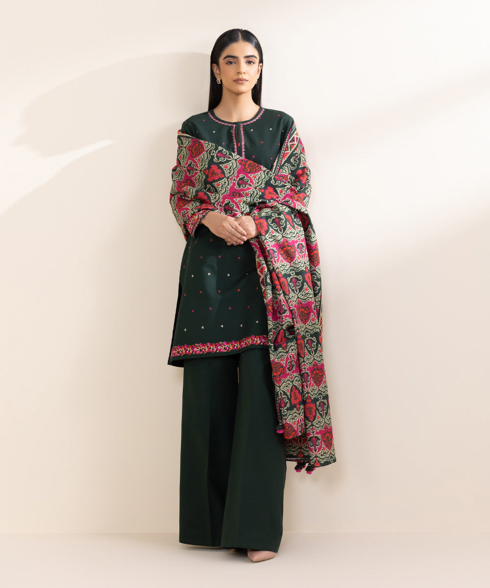 Women's Unstitched Embroidered Emerald Green Khaddar Three Piece Suit