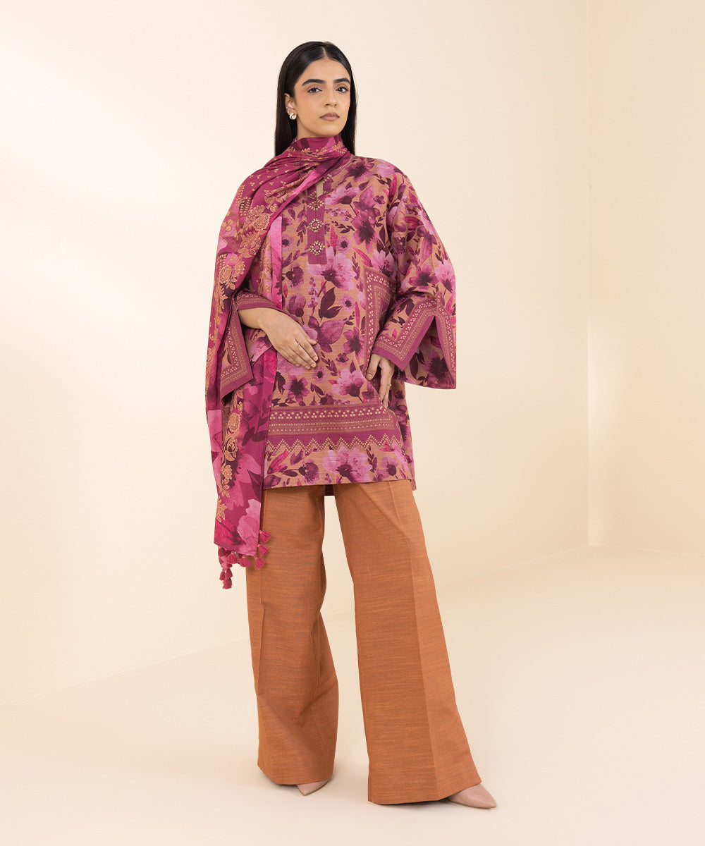 Women's Unstitched Khaddar Printed Pink 3 Piece Suit