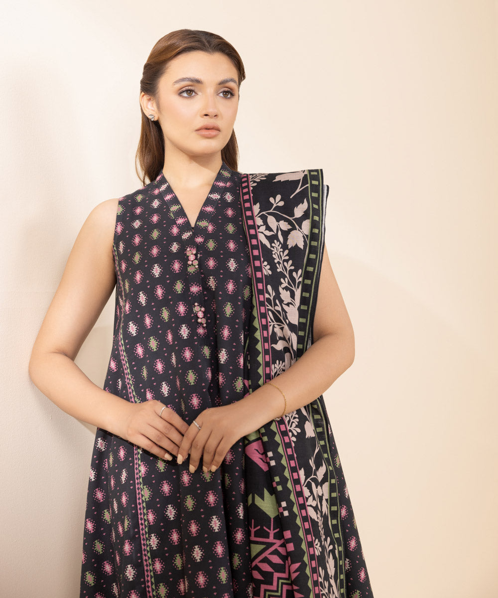 Women's Unstitched Cotton Jacquard Printed Black 3 Piece Suit