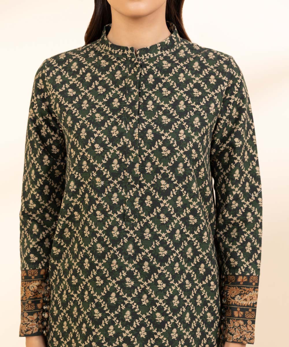 Women's Unstitched Khaddar Printed Green 3 Piece Suit