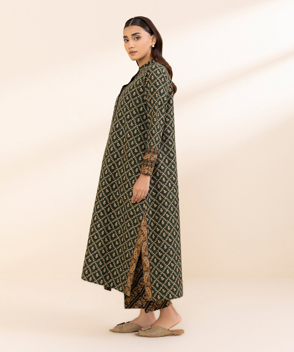 Women's Unstitched Khaddar Printed Green 3 Piece Suit