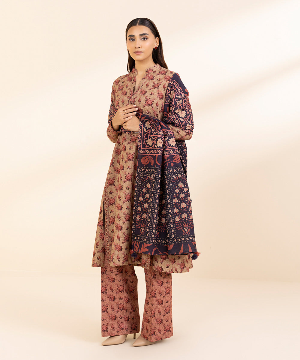 Women's Unstitched Khaddar Printed Multi 3 Piece Suit