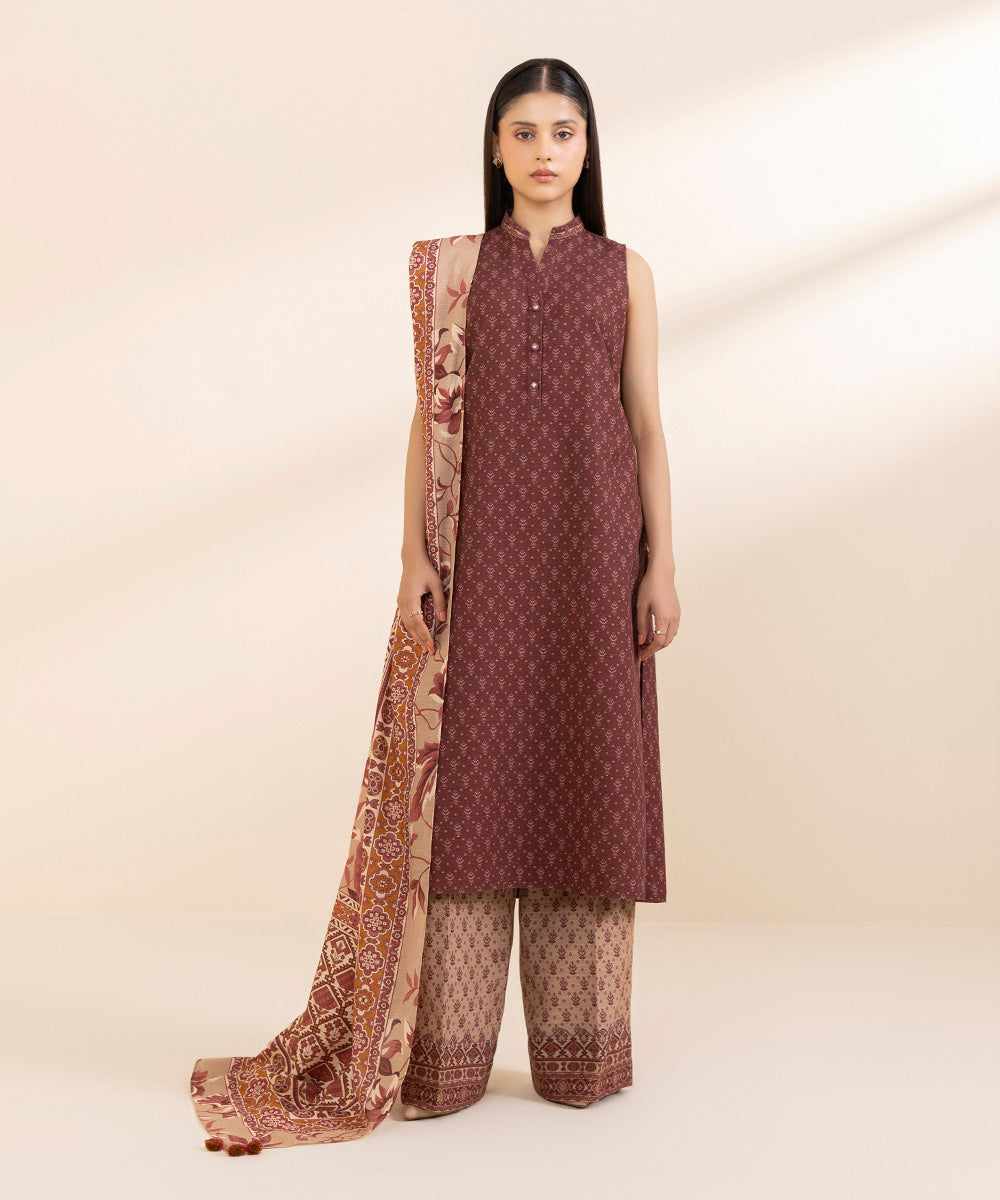 Women's Unstitched Khaddar Printed Red 3 Piece Suit