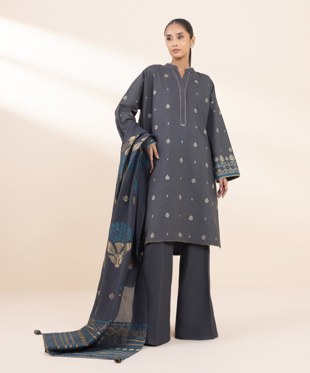 Women's Unstitched Zari Khaddar Embroidered Blue 3 Piece Suit