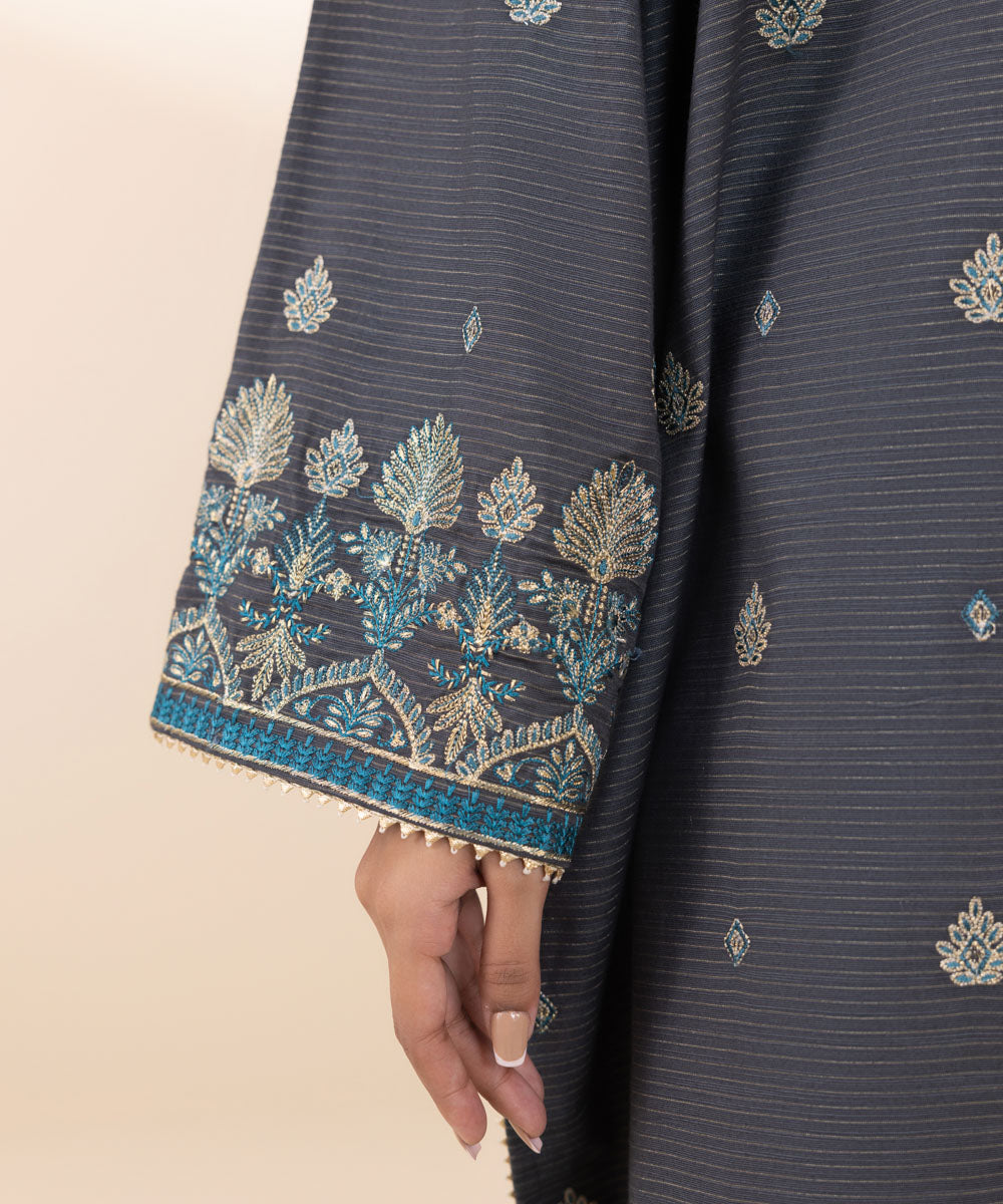 Women's Unstitched Zari Khaddar Embroidered Blue 3 Piece Suit