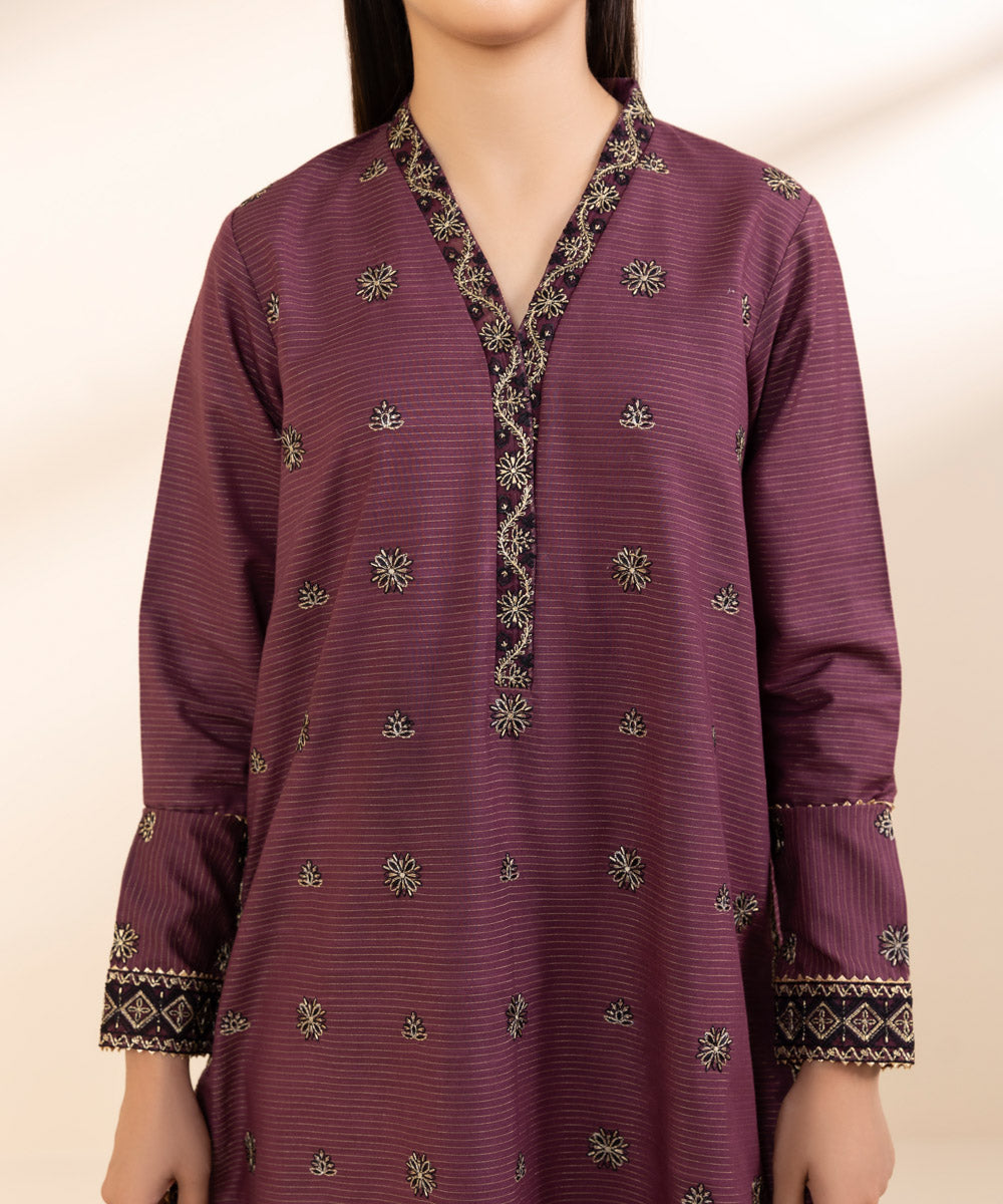 Women's Unstitched Zari Khaddar Embroidered Purple 3 Piece Suit