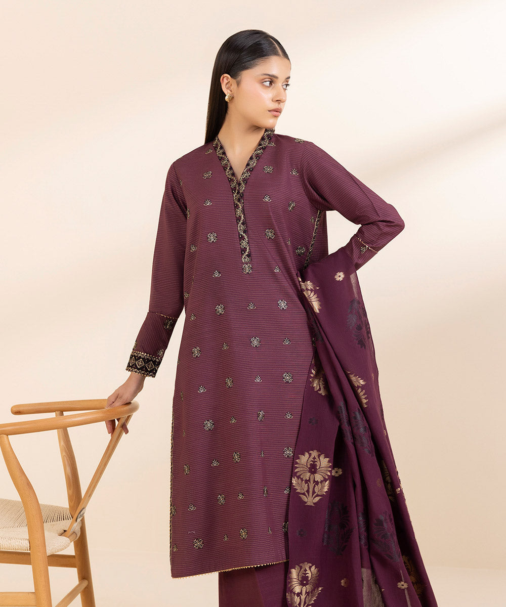 Women's Unstitched Zari Khaddar Embroidered Purple 3 Piece Suit