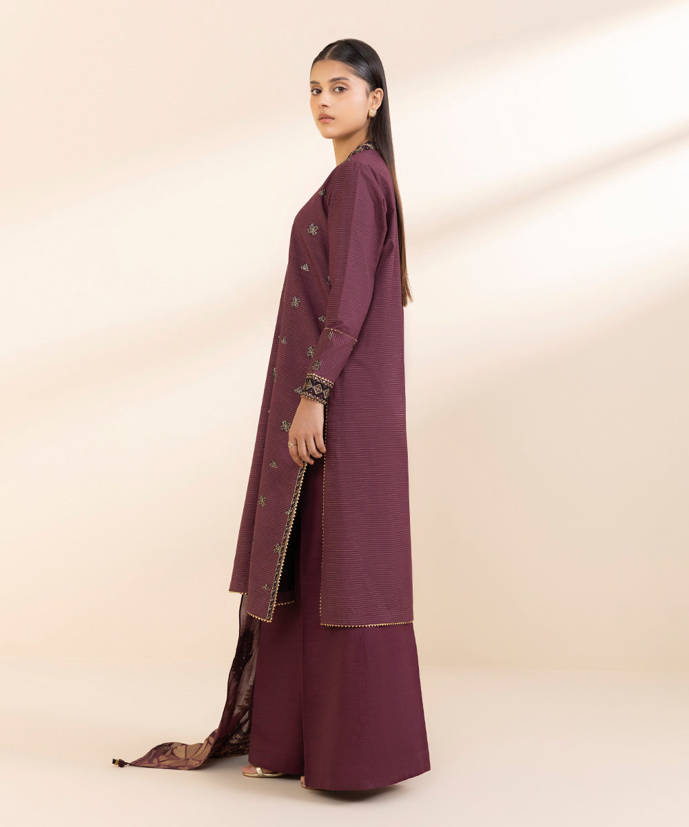 Women's Unstitched Zari Khaddar Embroidered Purple 3 Piece Suit