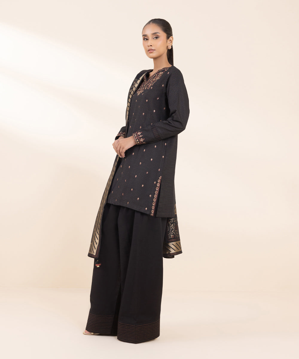 Women's Unstitched Zari Khaddar Embroidered Black 3 Piece Suit