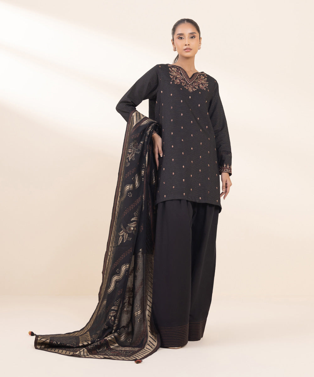 Women's Unstitched Zari Khaddar Embroidered Black 3 Piece Suit