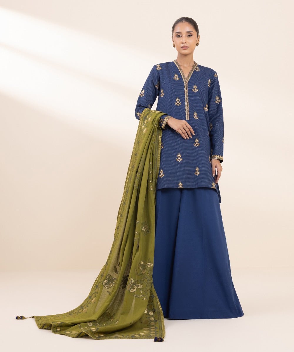 Women's Unstitched Zari Khaddar Embroidered Blue 3 Piece Suit