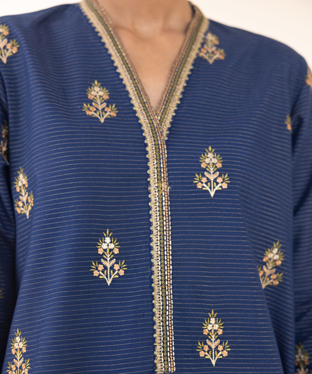 Women's Unstitched Zari Khaddar Embroidered Blue 3 Piece Suit