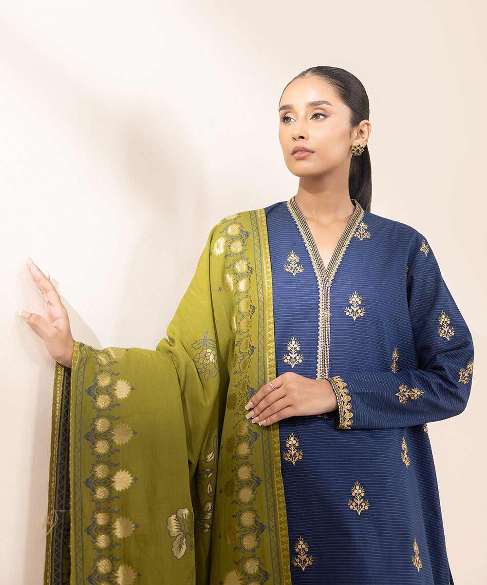 Women's Unstitched Zari Khaddar Embroidered Blue 3 Piece Suit