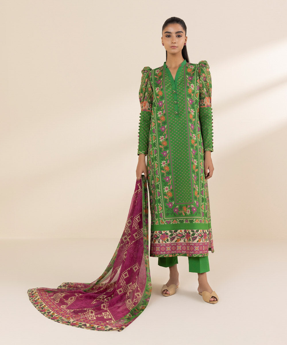 Women's Unstitched Lawn Printed Green 3 Piece Suit