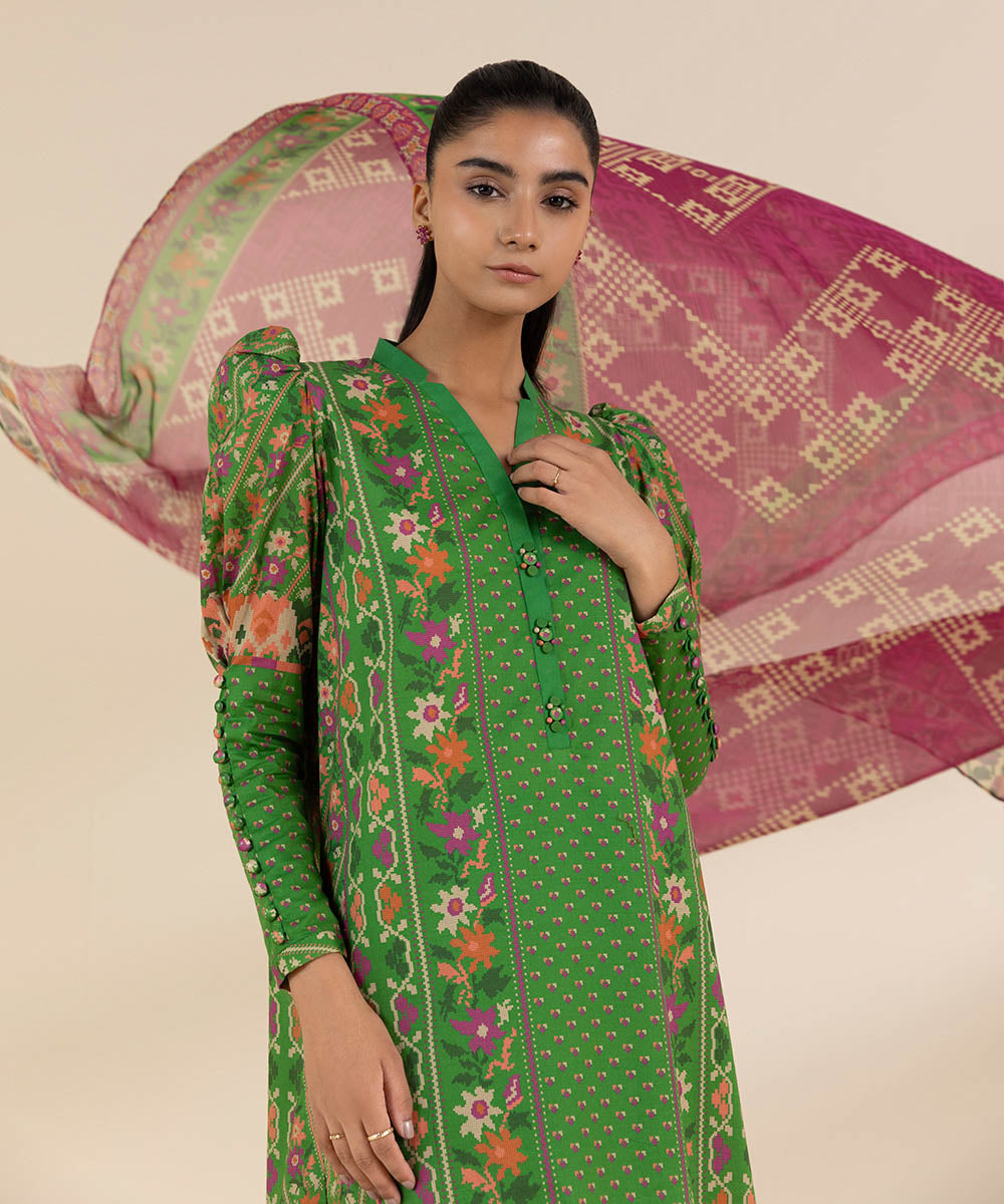 Women's Unstitched Lawn Printed Green 3 Piece Suit