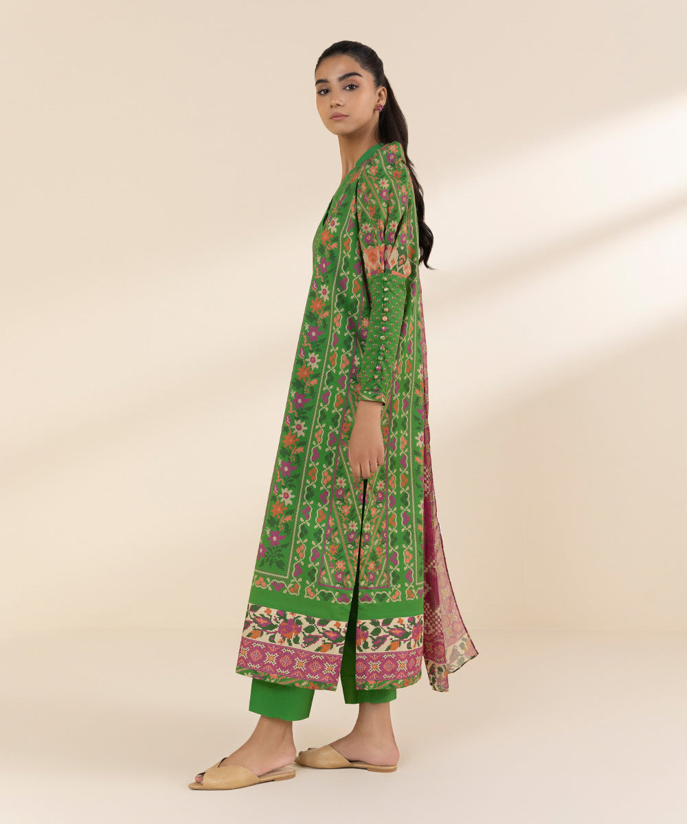 Women's Unstitched Lawn Printed Green 3 Piece Suit