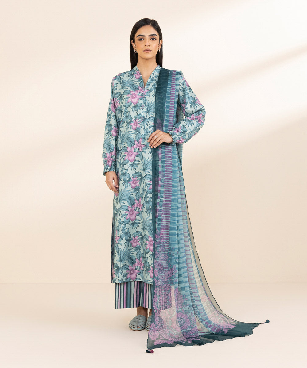 Women's Unstitched Lawn Printed Blue 3 Piece Suit