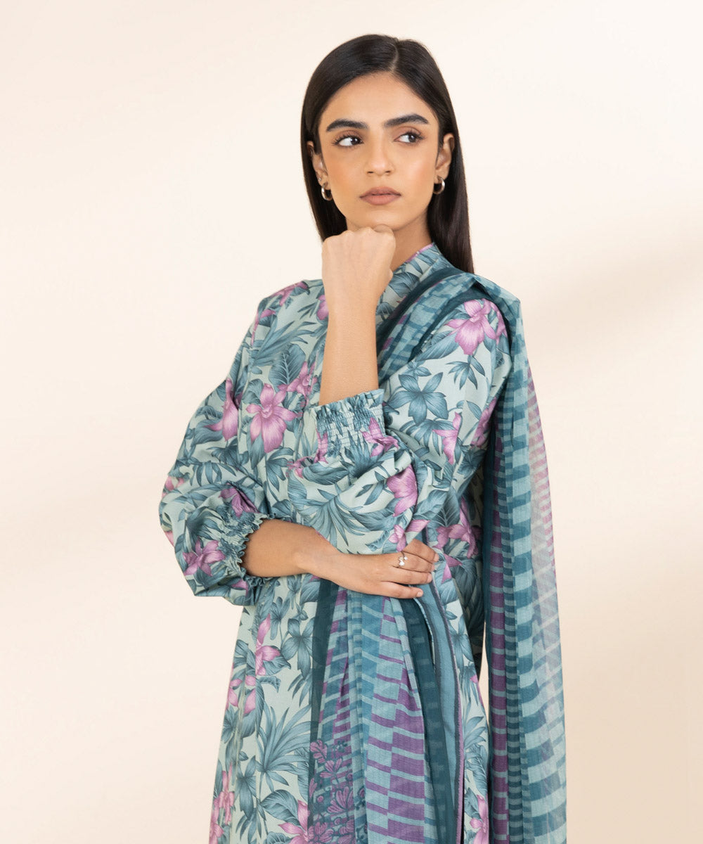 Women's Unstitched Lawn Printed Blue 3 Piece Suit