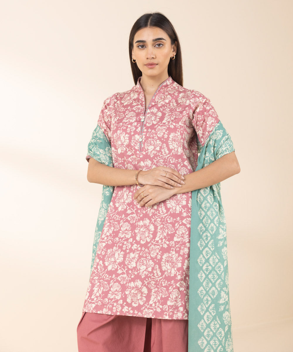 Women's Unstitched Lawn Printed Pink 3 Piece Suit