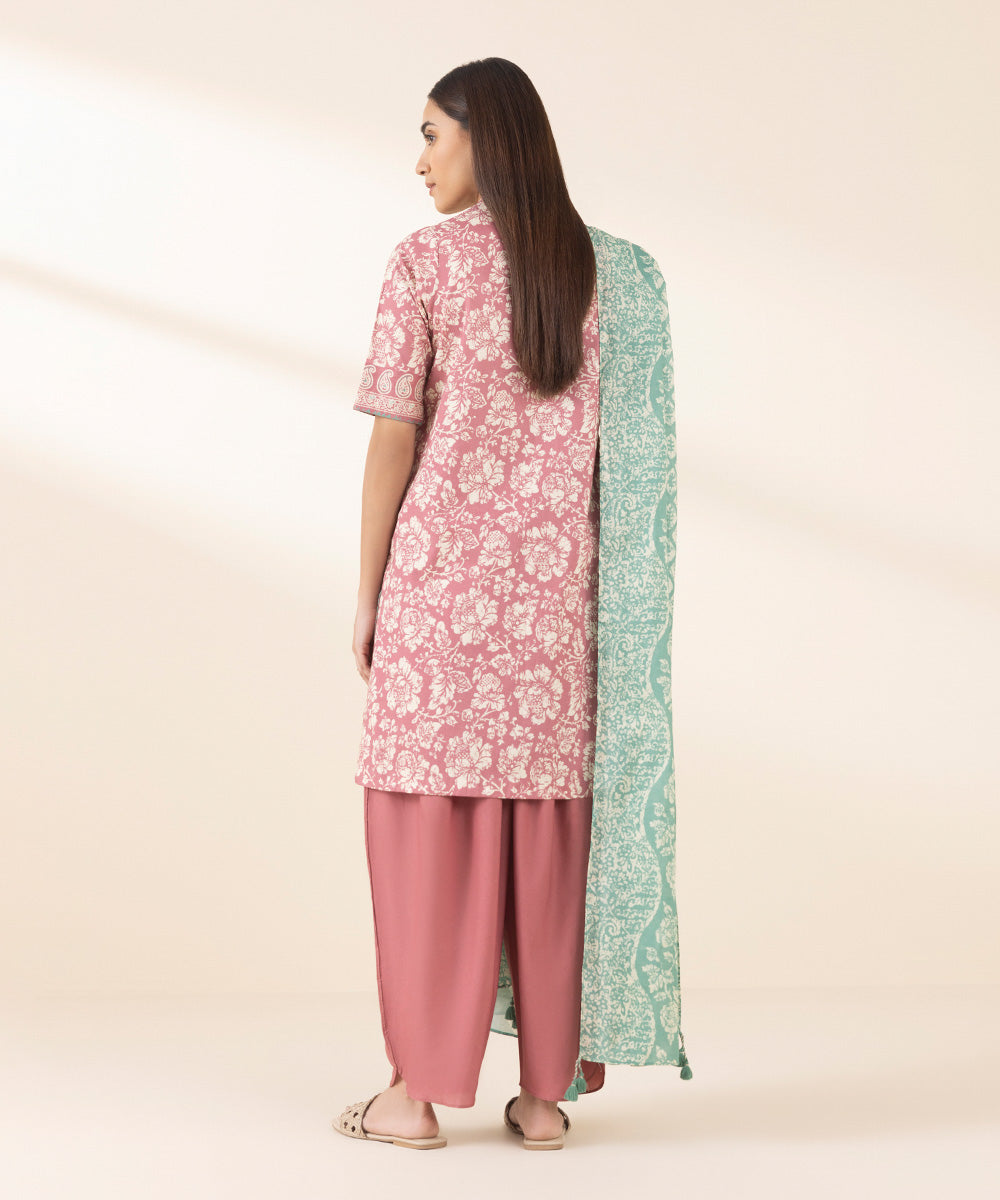 Women's Unstitched Lawn Printed Pink 3 Piece Suit