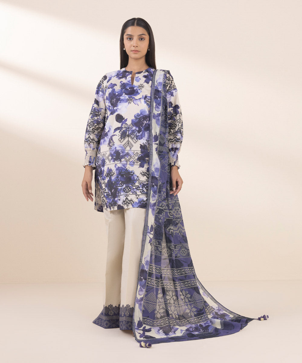 Women's Unstitched Lawn Printed Blue 3 Piece Suit