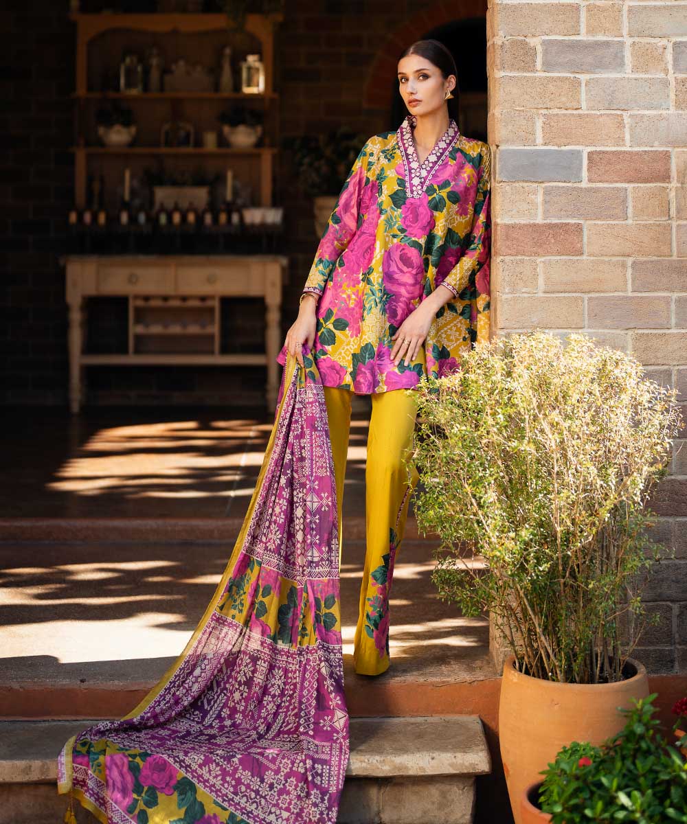 Women's Unstitched Cotton Printed Multi 3 Piece Suit