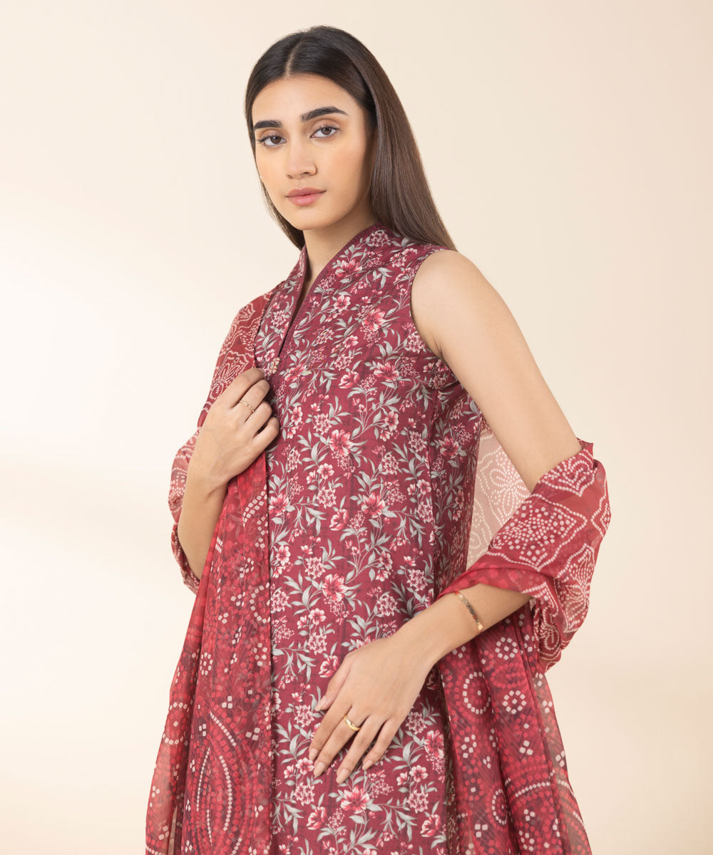 Women's Unstitched Cotton Printed Red 3 Piece Suit