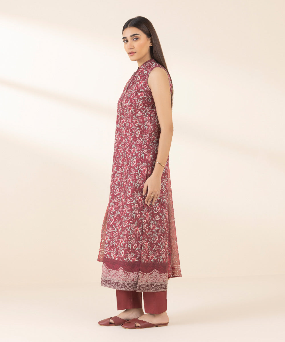 Women's Unstitched Cotton Printed Red 3 Piece Suit