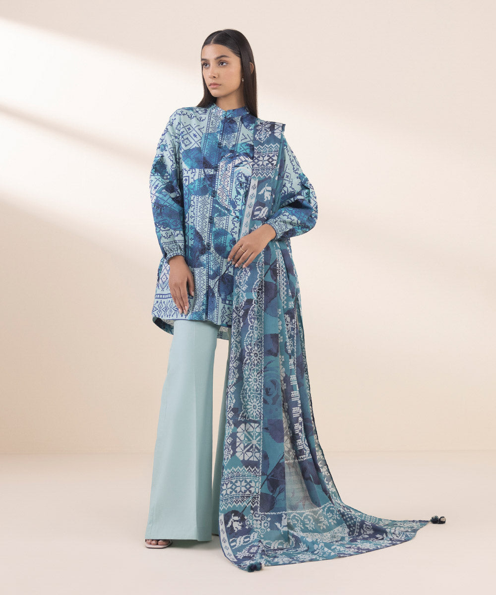 Women's Unstitched Lawn Printed Blue 3 Piece Suit