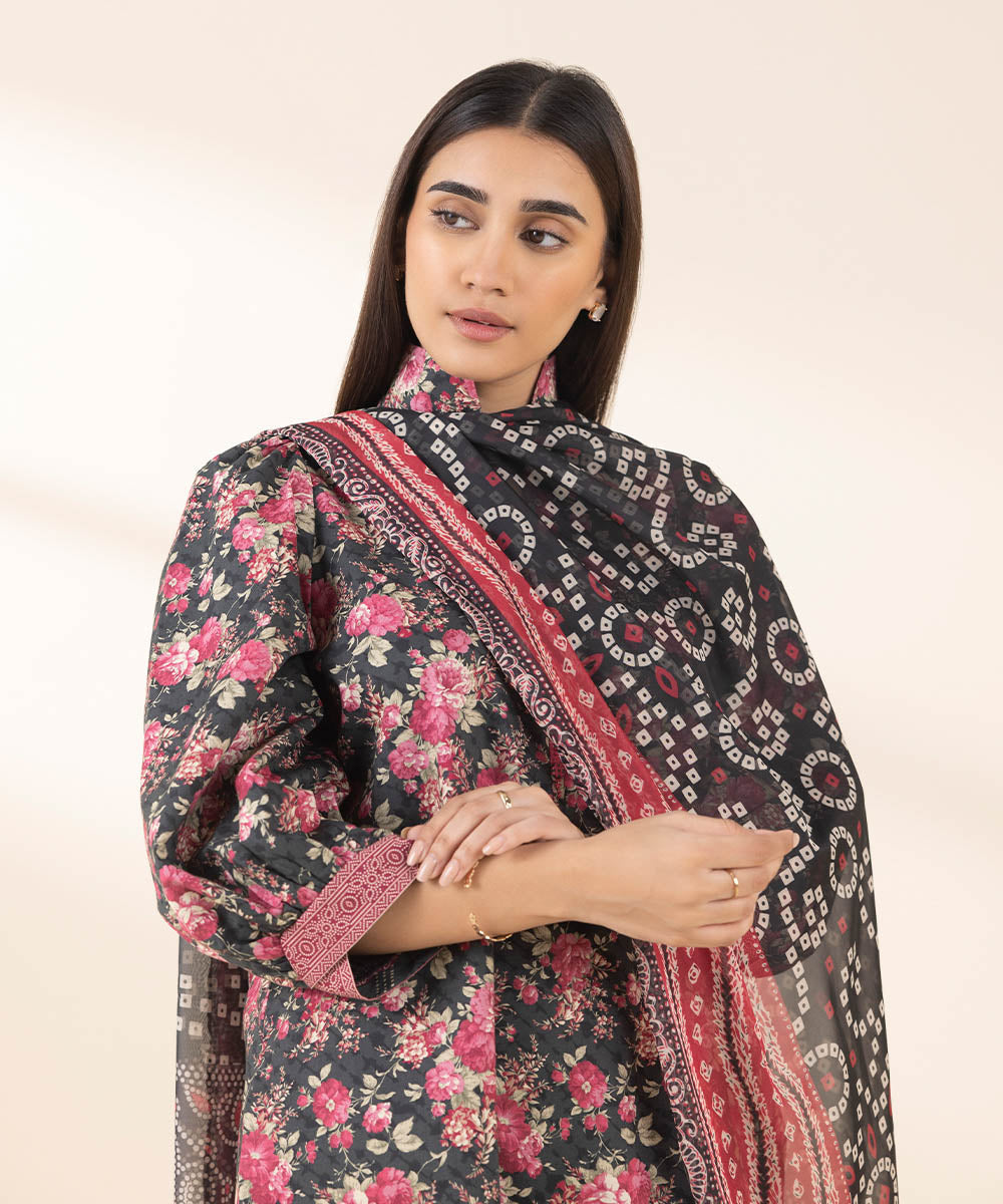 Women's Unstitched Lawn Printed Black 3 Piece Suit