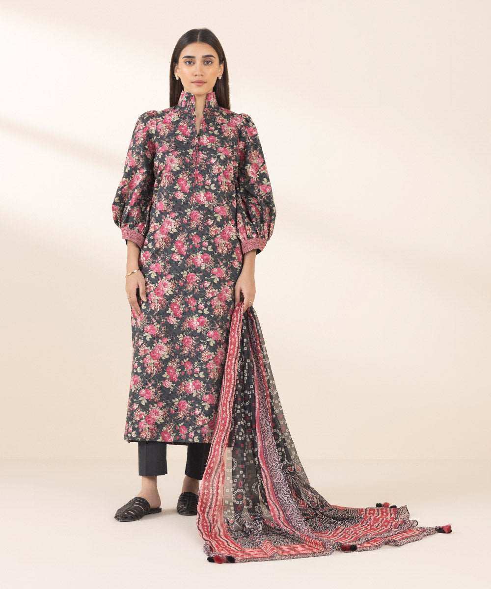 Women's Unstitched Lawn Printed Black 3 Piece Suit