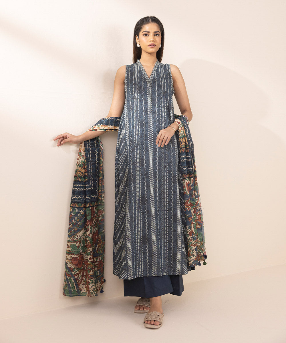 Women's Unstitched Zari Lawn Printed Blue 3 Piece Suit