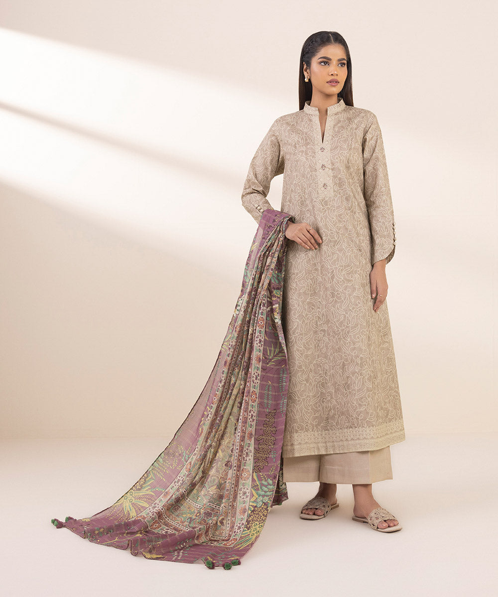 Women's Unstitched Zari Lawn Printed Beige 3 Piece Suit