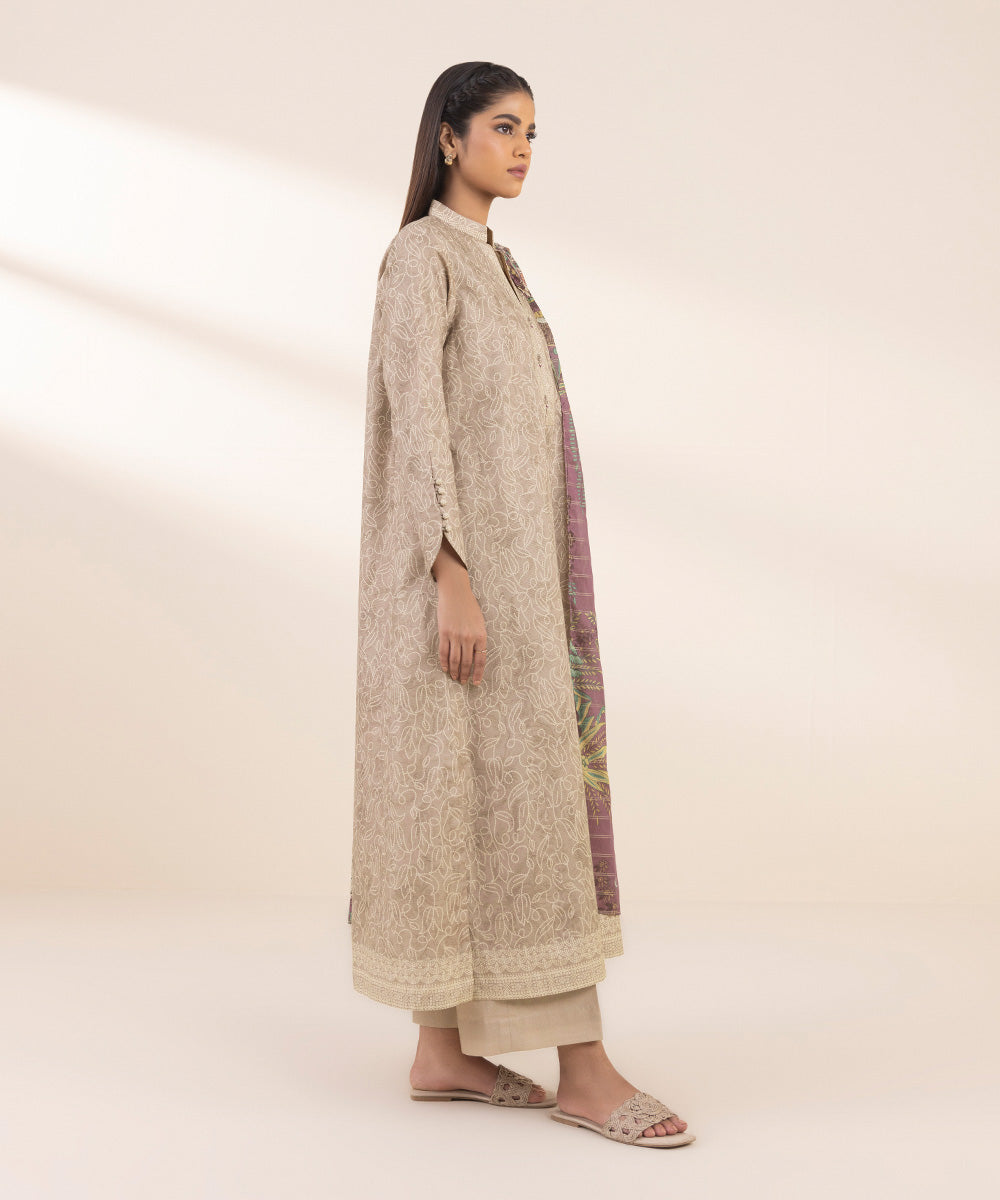 Women's Unstitched Zari Lawn Printed Beige 3 Piece Suit