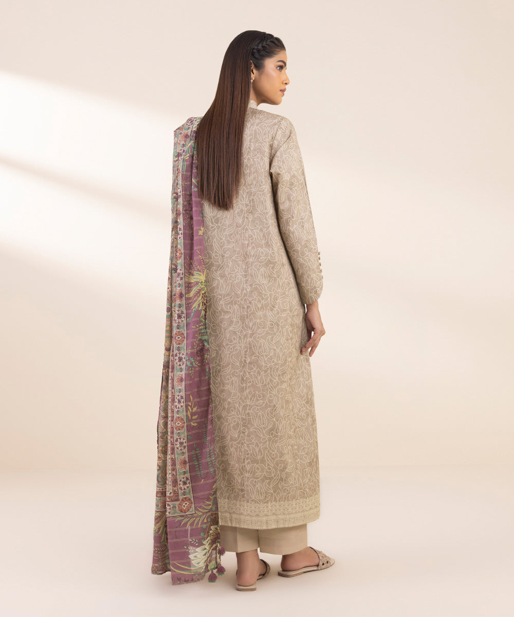 Women's Unstitched Zari Lawn Printed Beige 3 Piece Suit