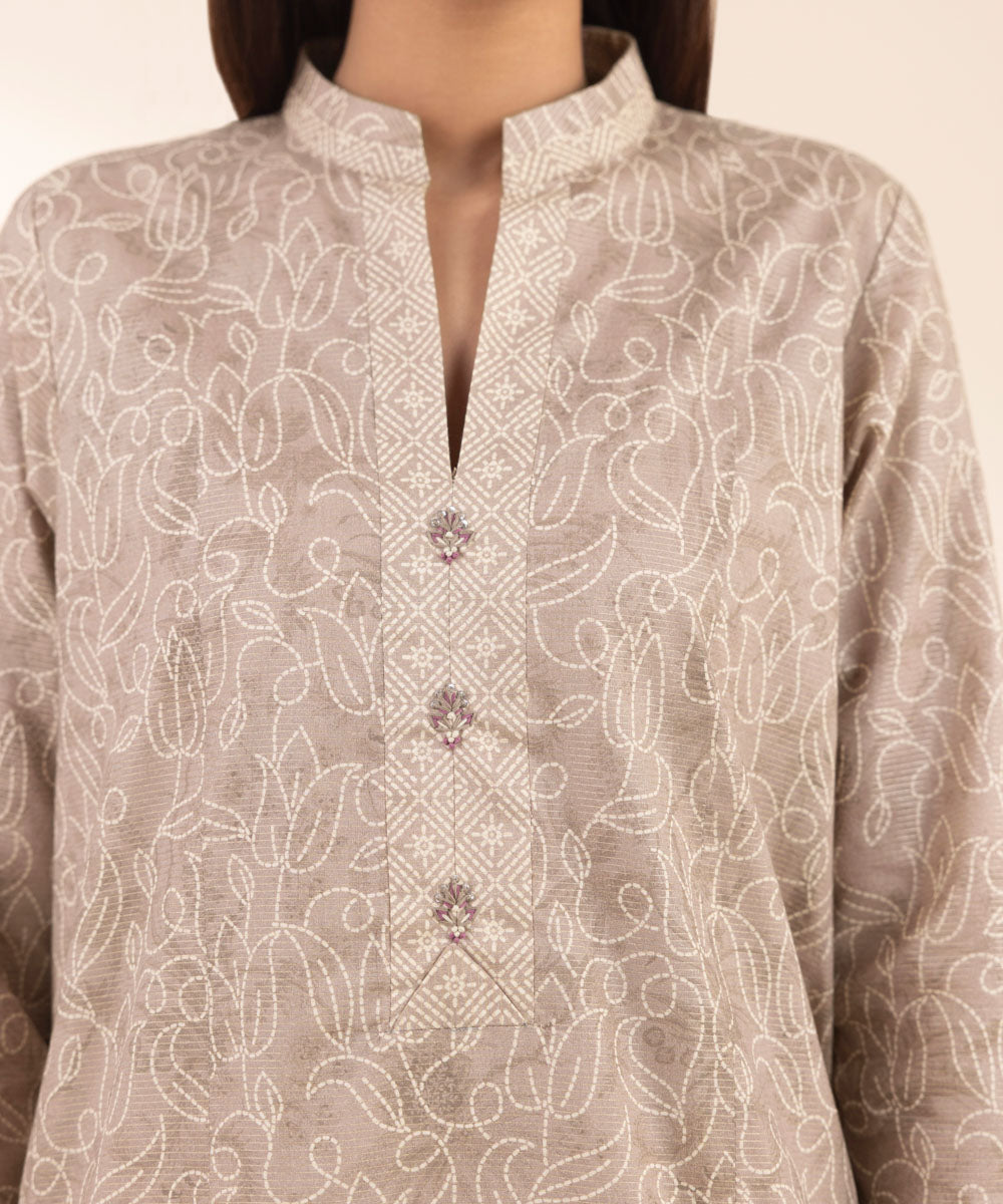 Women's Unstitched Zari Lawn Printed Beige 3 Piece Suit