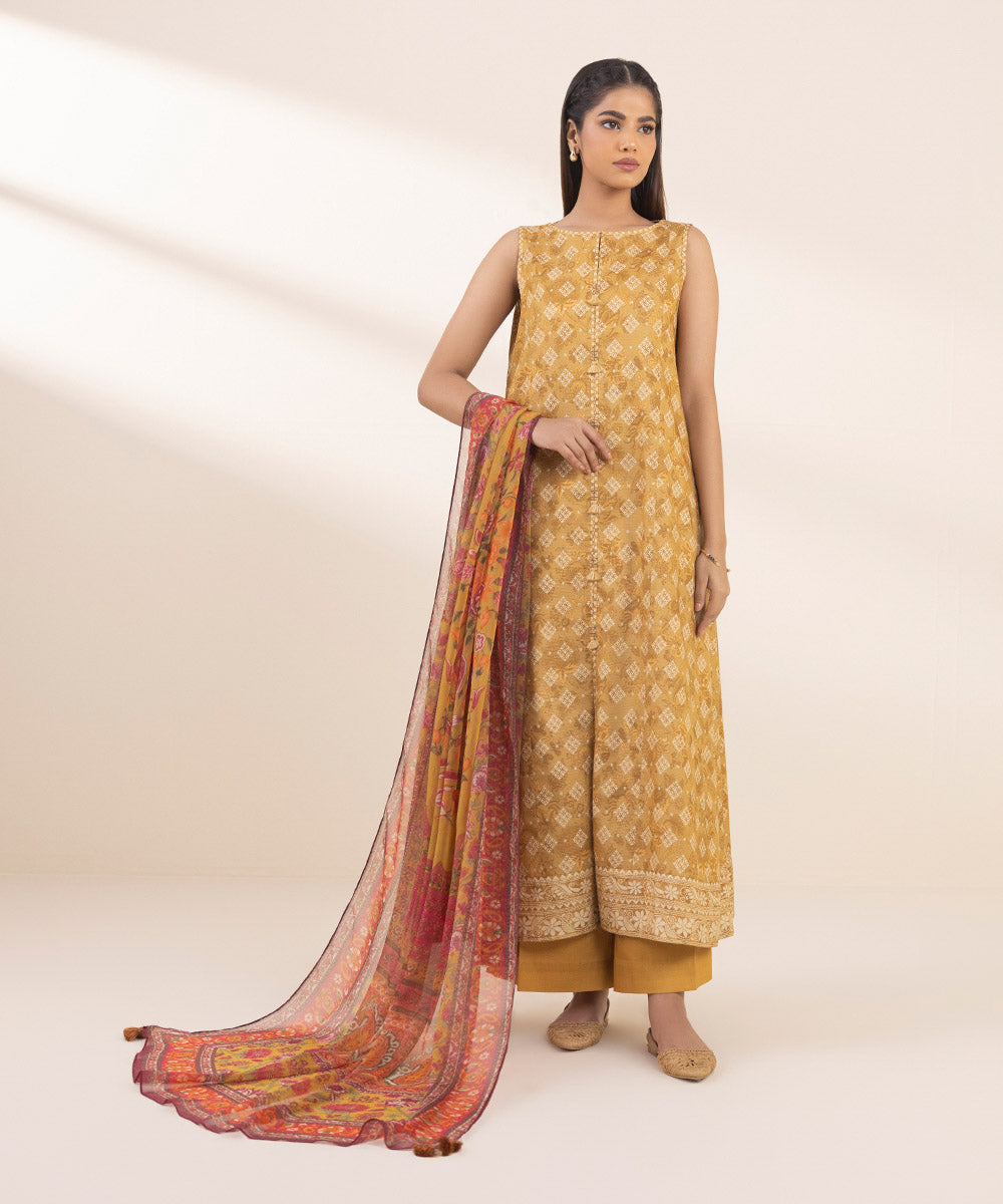 Women's Unstitched Zari Lawn Printed Yellow 3 Piece Suit