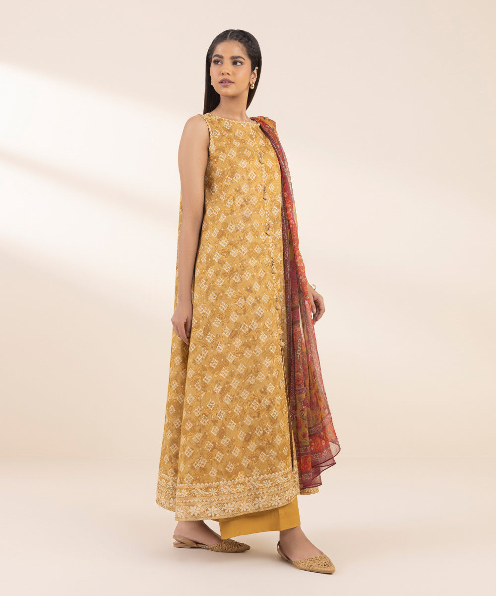 Women's Unstitched Zari Lawn Printed Yellow 3 Piece Suit