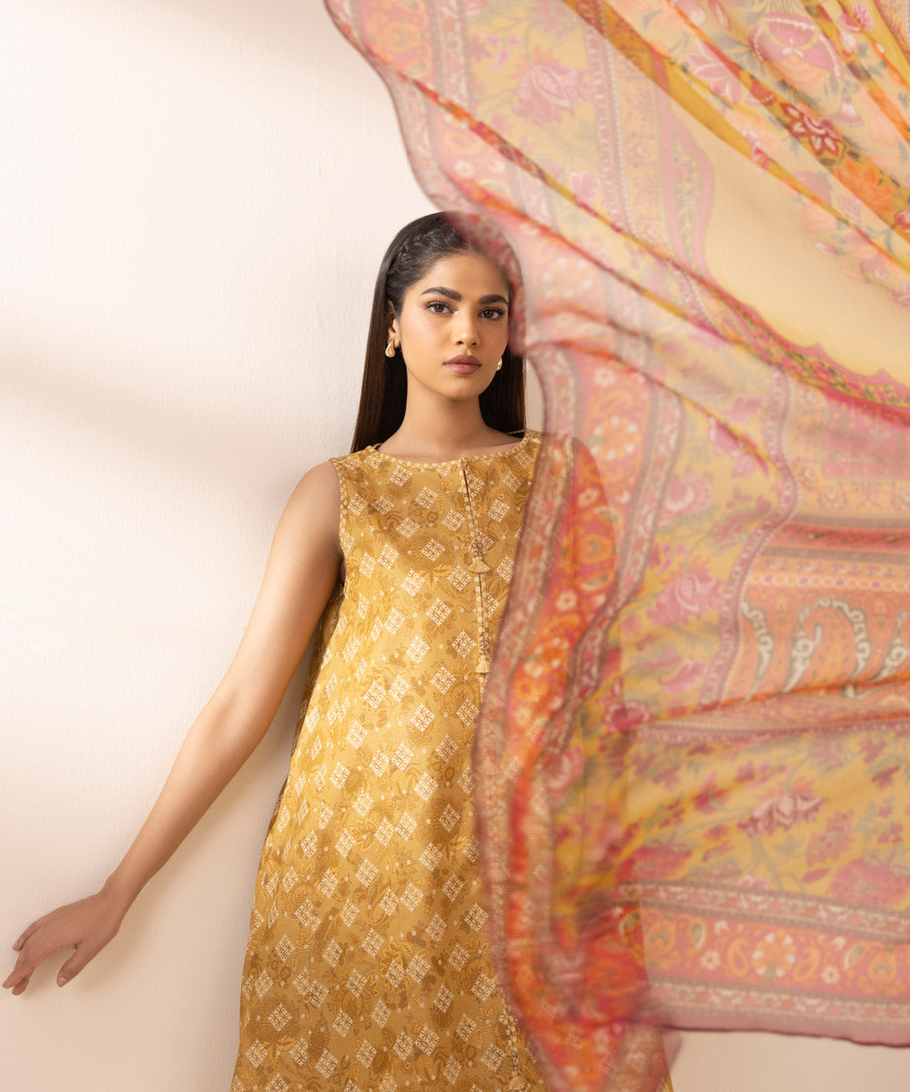 Women's Unstitched Zari Lawn Printed Yellow 3 Piece Suit