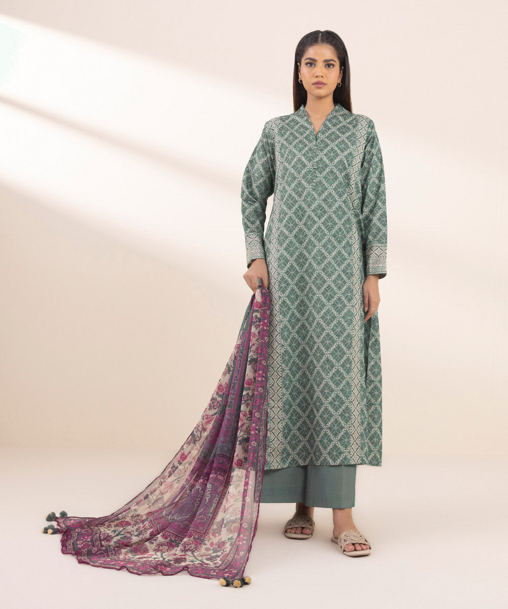 Women's Unstitched Zari Lawn Printed Green 3 Piece Suit