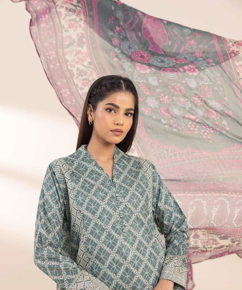 Women's Unstitched Zari Lawn Printed Green 3 Piece Suit