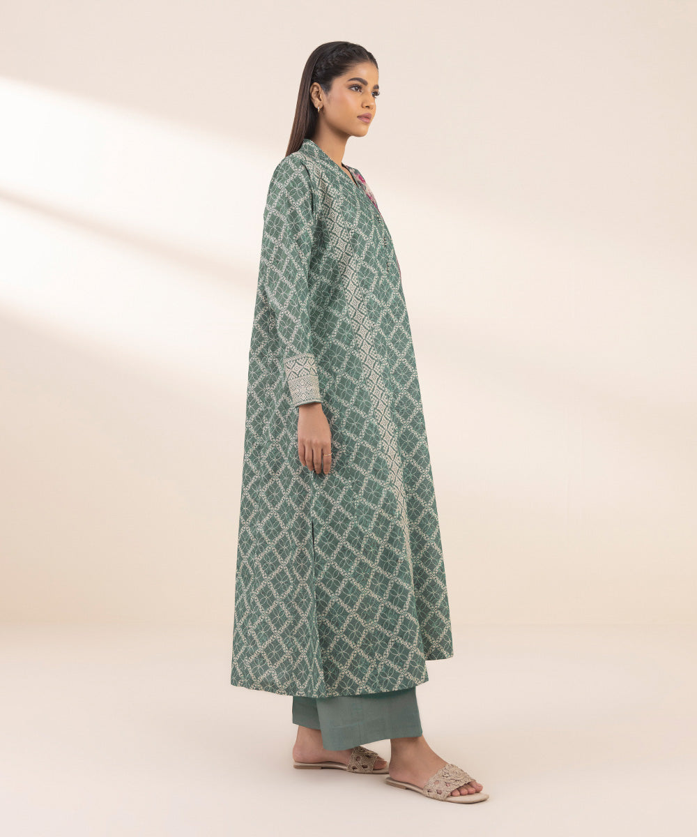 Women's Unstitched Zari Lawn Printed Green 3 Piece Suit