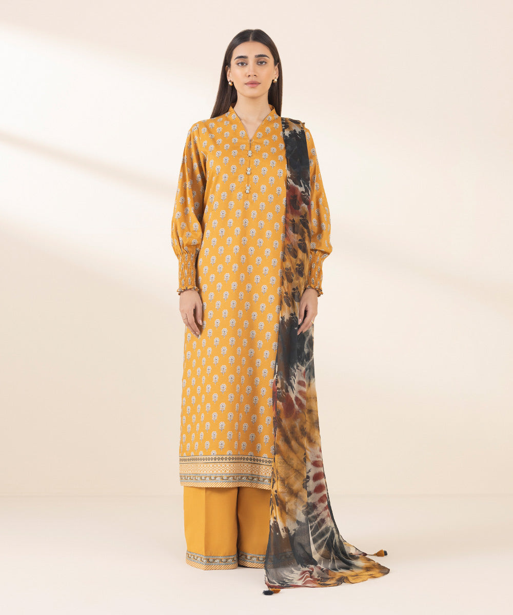 Women's Unstitched Cotton Printed Yellow 3 Piece Suit