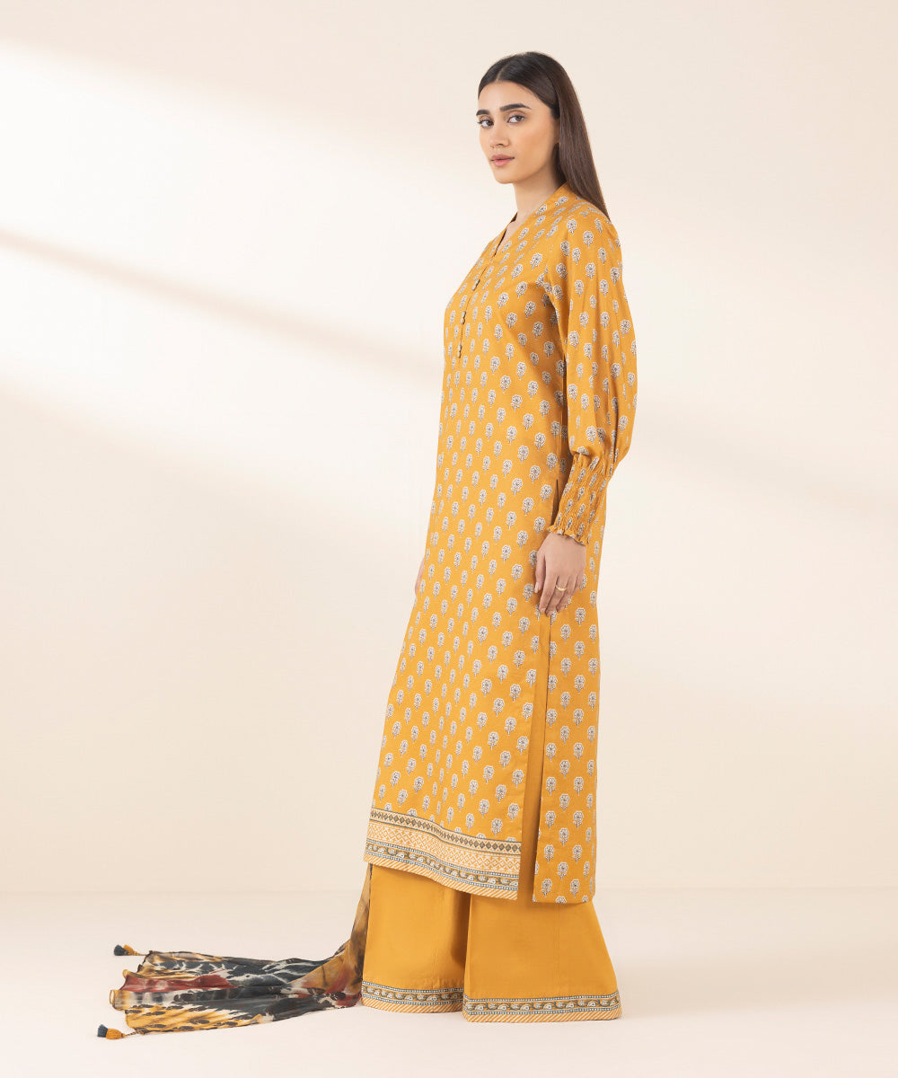 Women's Unstitched Cotton Printed Yellow 3 Piece Suit